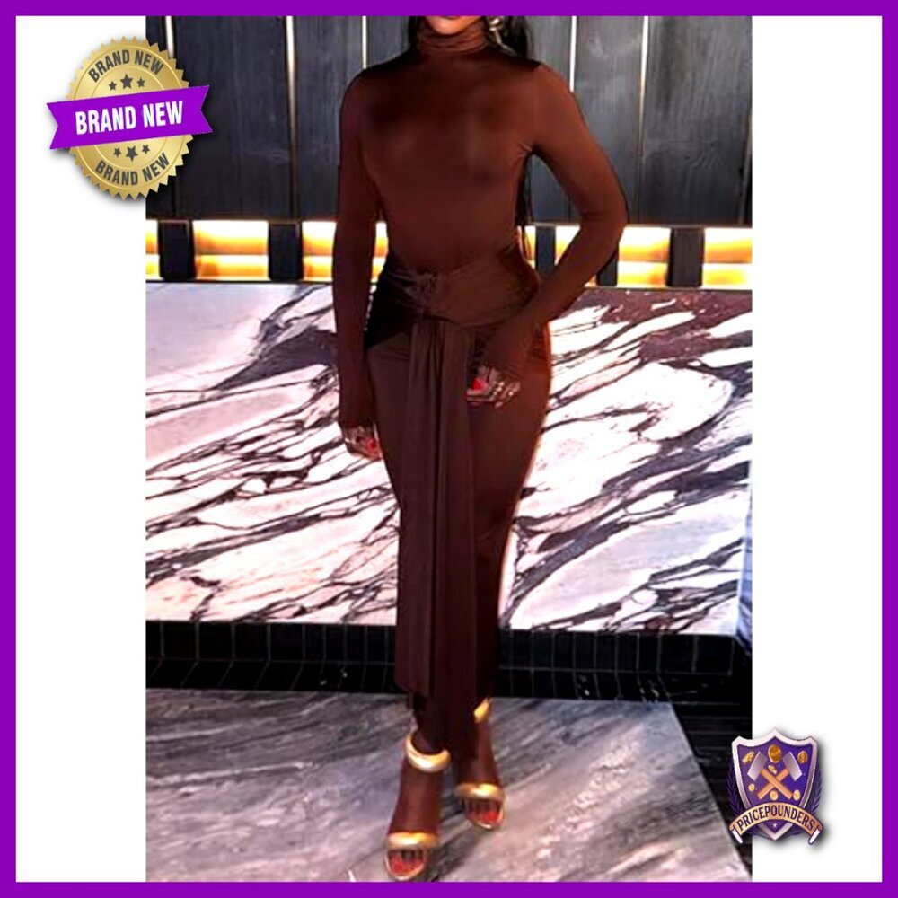 Long Sleeve Formal Maxi Dress Bodycon Ruched Tie Front Wedding Guest - Picture 4 of 7